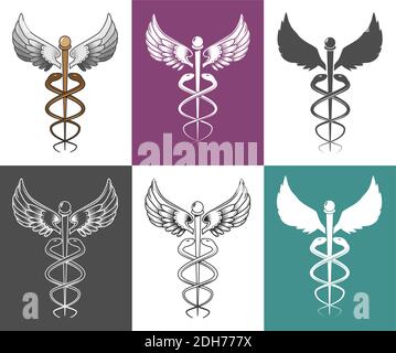 Medizinische Symbol-Set, Vektor-isolierte Illustration. Zwei Schlangen schlängeln sich um den geflügelten Stab. Symbol des Hermes. Stock Vektor