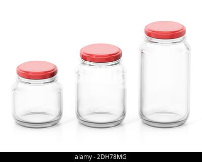Leere Glasgefäße mit roten Deckeln isoliert auf weißem Hintergrund. 3D-Illustration. Stockfoto