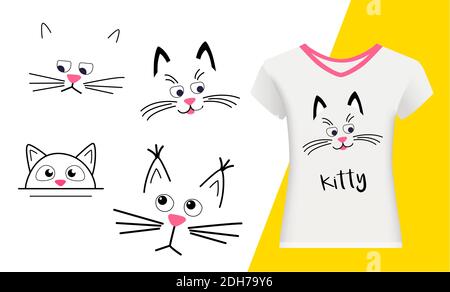 Setzen Gesichter von niedlichen Katzen auf einem weißen Hintergrund. Lustige Kawaii Tier. Vektor-Cartoon Illustration in flach. Zum Bedrucken von Tassen, T-Shirts oder Grußkarten Stock Vektor