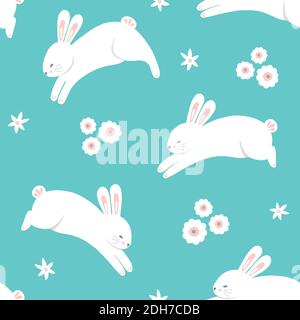 Ostern Kaninchen Muster Hintergrund, niedlichen Vektor nahtlose Wiederholung Design der Frühling Hasen springen mit Blumen. Stock Vektor