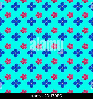 Muster von kleinen Aquarellblumen aus blauen und rosa Blüten Auf blauem Hintergrund Stockfoto