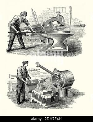 Eine alte Gravur eines Stürzers, ein Schlaghammer, der direkt von einem Motor angetrieben wird, der in einer Eisengießerei im 19. Jahrhundert verwendet wurde. Es ist aus einem viktorianischen Maschinenbaubuch der 1880er Jahre. Ein Ausschlaghammer (Kipphammer oder Helvenhammer) ist ein massiver Hammer. In Schmieden und Gießereien wurden sie zum Ausziehen von Schmiedeeisenblüten in bearbeitbares Stabeisen verwendet, um Schmiedeeisen und andere Metalle herzustellen. Die Hämmer wurden normalerweise durch eine Nocke angehoben und dann losgelassen, um unter die Schwerkraft zu fallen. Sie konnten so eingestellt werden, dass ein Schlag aus verschiedenen Winkeln möglich ist. Stockfoto