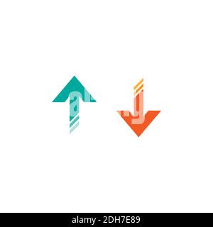 Blauer Pfeil nach oben in und roter Pfeil nach unten in Box. Flaches Symbol isoliert auf weiß. Point Down-Taste. südschild. Symbole zum Hochladen eingestellt. Upgrade, Download, Freigabe Stock Vektor