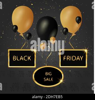 Black Friday Shopping Poster. Sale Rabatt Banner mit orange und schwarz Ballons und goldenen Rahmen. Vektorgrafik Stock Vektor