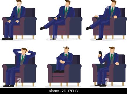 Set von Geschäftsfiguren in sechs Sitzpositionen in einem Sessel. Vektorgrafik Design. Stock Vektor