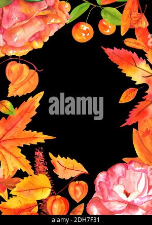 Herbst Aquarell Grußkarte oder Hochzeit laden Design-Vorlage mit Herbstblättern, Ästen, Blumen, und Kopierraum Stockfoto