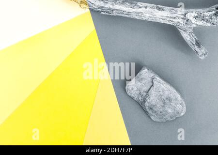 Abstrakt buntes Papier Hintergrund. Grau und verschiedene Töne von gelbem Papier Hintergrund. Stein und trockener Baum Zweig. Trendige Farben Stockfoto