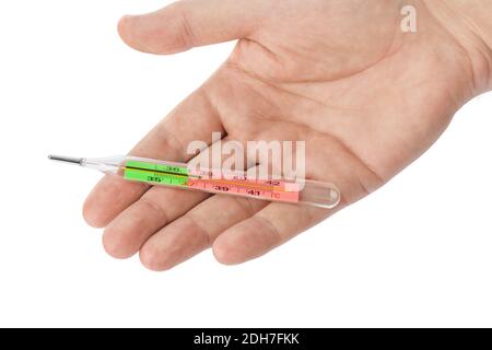 Hand mit medizinischem Thermometer 37,8 Stockfoto