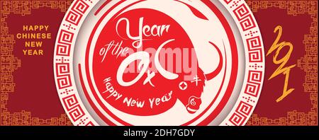 Horizontales Banner Design Chinesisches Neujahr 2021 des Ochsen, chinesischer Text Frohes Neues Jahr auf rotem Hintergrund (Chinesische Übersetzung Happy Chinese New Year, Y Stock Vektor