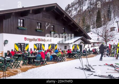 Saalbach, Austria Ski Pistenrestaurant Stockfoto