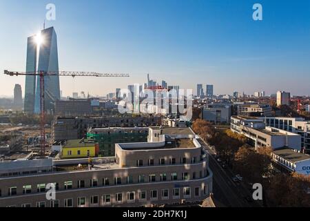 Luftaufnahme der Baustelle und des Europäischen Zentralbankturms mit der Frankfurter Skyline im Hintergrund, Frankfurt am Main, Hessen, Deutschland Stockfoto