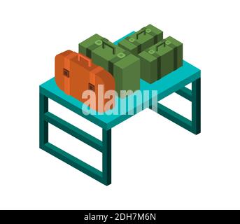Tabelle mit isometrischen Suitcases auf weißem Hintergrund Vektorgrafik. Stock Vektor