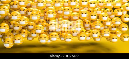 3d-Rendering einer großen Gruppe von Gesichtsmaske Emoji Smileys. Gesicht maskieren. Größe des Webbanners. Stockfoto