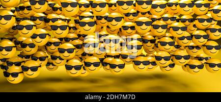 3d-Rendering einer großen Gruppe von Emoji-Smileys mit breitem Grinsen und Sonnenbrille. Cooles Gesicht. Größe des Webbanners. Stockfoto