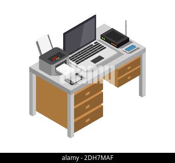 Isometrisches Büro Schreibtisch auf Hintergrund Vektor Grafik Illustration. Stock Vektor