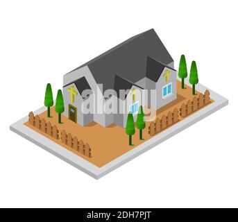 Isometrische Kirche auf WEISSEM Hintergrund Vektor Grafik Illustration. Stock Vektor