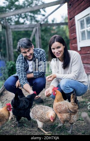 Porträt eines glücklichen Paares, das Hühner auf der Geflügelfarm füttert Stockfoto