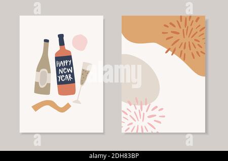 Set von handgezeichneten Glückwunschkarten für das neue Jahr. Einladungen zu Feiertagsfeiern. Vektorgrafiken. Wein, Champagnerflaschen, Glas mit Schriftzug Stock Vektor
