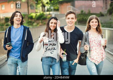 Portrait von glücklichen Jugendlichen mit Einweg-Brillen und Smartphones Auf der Brücke Stockfoto