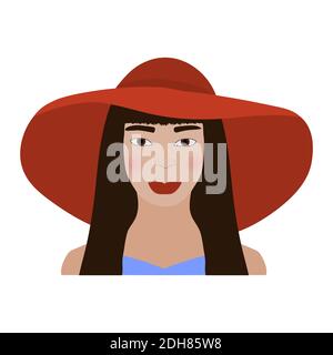 Gesicht der jungen Vektor-Frau in roten Hut. Schönes Mädchen mit langen dunklen Haaren. Avatar für soziale Netzwerke. Stock Vektor