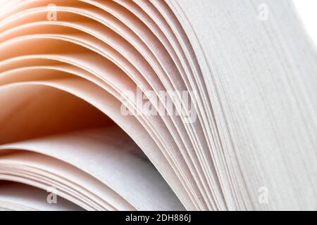 Makroaufnahme des geöffneten Buches. Bildungs- und Studienkonzept. Nahaufnahme von geöffneten Buchseiten. Makroansicht von Buchseiten. Kanten der offenen Papierbuchblätter close-U Stockfoto