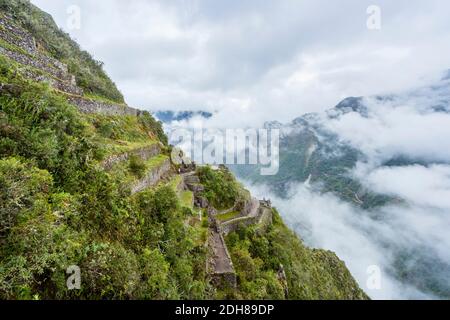 Die Steintreppe Abstieg von Huayna Picchu und Inka Terrassen auf steilen Berghang im Urubamba River Valley in Morgenwolke, Machu Picchu Stockfoto