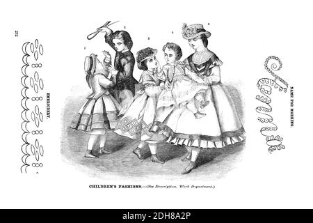 Godeys Kindermode für März 1864 aus Godeys Lady's Book and Magazine, März 1864, Philadelphia, Louis A. Godey, Sarah Josepha Hale, Stockfoto