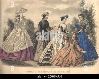 Farbzeichnung von Godeys Damenmode für Juni aus Godeys Lady's Book and Magazine, 1864 Philadelphia, Louis A. Godey, Sarah Josepha Hale, Stockfoto