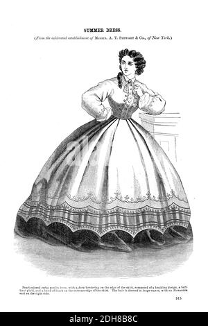 Sommerkleid Godeys Mode für den Sommer 1864 aus Godeys Lady's Book and Magazine, June 1864, Philadelphia, Louis A. Godey, Sarah Josepha Hale, Stockfoto