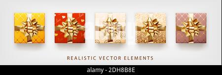 Geschenkkollektion mit goldener Folienschleife. Set von 3d realistische Geschenk-Boxen mit Muster rot, rosa, gelb, weiß, beige Farben. Stock Vektor