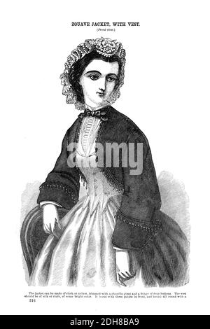 Zouave Jacke mit Weste Godeys Mode für den Sommer 1864 aus Godeys Lady's Book and Magazine, June 1864, Philadelphia, Louis A. Godey, Sarah Josepha Hale, Stockfoto