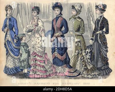 Farbzeichnung von Godeys Damenmode für Februar 1880 aus Godeys Lady's Book and Magazine, 1880 Philadelphia, Louis A. Godey, Sarah Josepha Hale, Stockfoto