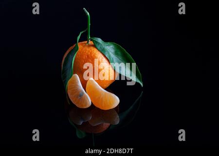 Köstliche und schöne Mandarinen mit grünem Blatt. Geschälte Mandarine orange und Mandarine orange Scheiben auf einer dunklen reflektierenden Oberfläche. Stockfoto