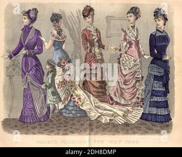 Farbzeichnung von Godeys Damenmode für Mai 1880 aus Godeys Lady's Book and Magazine, 1880 Philadelphia, Louis A. Godey, Sarah Josepha Hale, Stockfoto