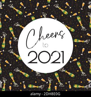 Prost zu 2021 Neujahrsfeier Vektor-Illustration mit Champagner-Flaschen, Flöten, Konfetti, Sterne. Bearbeitbarer Text auf schwarzem und goldenem Parteienmuster Stock Vektor