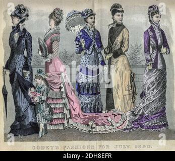 Farbzeichnung von Godeys Damenmode für Juli 1880 aus Godeys Lady's Book and Magazine, 1880 Philadelphia, Louis A. Godey, Sarah Josepha Hale, Stockfoto