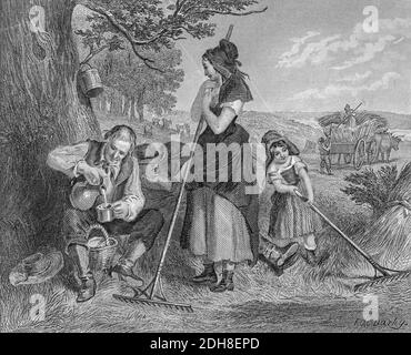 Summer Harvest Family Working the Fields Stahlstich aus Godeys Lady's Book and Magazine, Vol. 101. Juli bis Dezember 1880 in Philadelphia Stockfoto