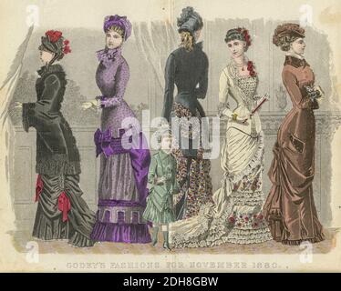 Farbzeichnung von Godeys Damenmode für November 1880 aus Godeys Lady's Book and Magazine, 1880 Philadelphia, Louis A. Godey, Sarah Josepha Hale, Stockfoto