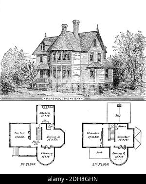 Gothic Cottage Architekturplan und Layout aus Godey's Lady's Book and Magazine, Band 101 Juli bis Dezember 1880 in Philadelphia veröffentlicht Stockfoto