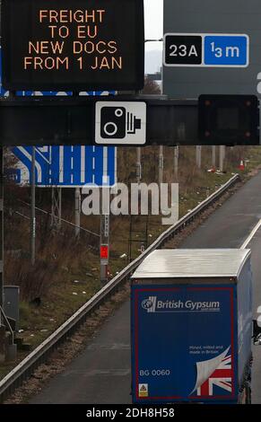 Kegworth, Leicestershire, Großbritannien. Dezember 2020. Ein Überkopfschild an der Autobahn M1 warnt vor neuen Dokumenten, die für den Gütertransport in die Europäische Union erforderlich sind, wenn die Brexit-Übergangszeit in diesem Jahr zu Ende geht. Credit Darren Staples/Alamy Live News. Stockfoto