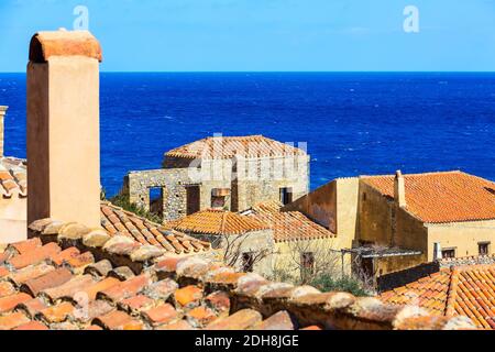 Monemvasia alte Häuser Ansicht in Peloponnes, Griechenland Stockfoto