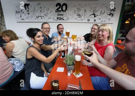 Freunde klirrende Gläser, feiern am Nachmittag im Apfelwein Foehl einen traditionellen Bärengarten in Neu-Isenburg, Hessen, Deutschland, Europa Stockfoto