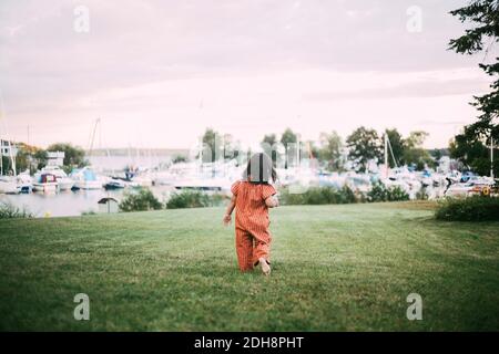 Rückansicht des Down-Syndrom-Mädchens, das auf grasbewachsenem Land läuft Am See Stockfoto