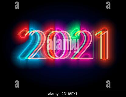 Neue Jahr 2021 Zahlen für digitale Display-Design. Neon Beleuchtung Poster für Party, Event, Einladungen und Kalender in Cyberpunk, Rave, beliebt Stock Vektor
