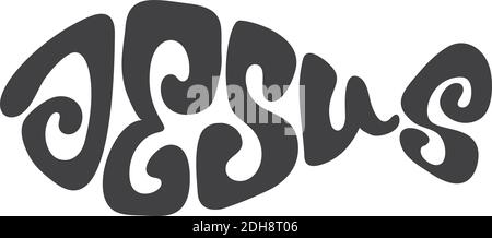 Jesus christliche bibel Religiöses Kirchenwort. Schriftzug Typografie Script Poster, Banner Vektor Design. Jesus mit dem Fisch. Handgezeichnet modern Stock Vektor