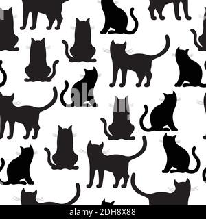 Schwarz-Weiß-Abbildung. Schwarze Katzen Nahtloses Muster Stock Vektor