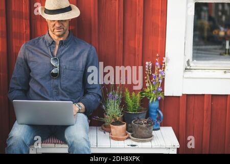 Mann mit Laptop, während auf Bank von Topfpflanzen sitzen Im Hinterhof Stockfoto