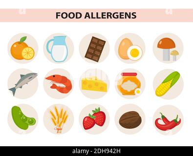 Lebensmittel Allergen Icon Set flach Stil. Allergieprodukte, Nahrungsmittelallergien. Isoliert auf weißem Hintergrund. Vektorgrafik Stock Vektor