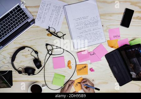 Zugeschnittenes Bild von jungen Frau schriftlich in Klebenote an Holzschreibtisch Stockfoto
