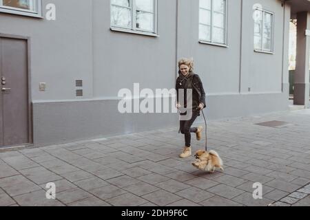 Volle Länge der glücklichen Frau läuft mit ihrem pommerschen Hund Auf Fußweg durch Gebäude in der Stadt Stockfoto